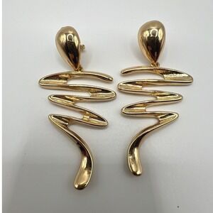 Gold Squiggle Clip On Earrings Maximalist Statement Retro Glam Artsy 2.5"